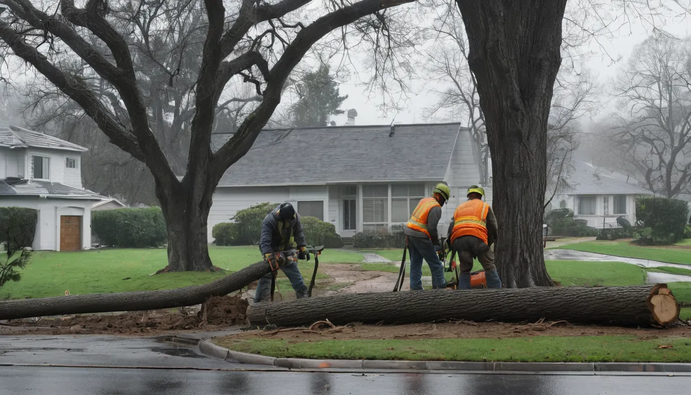 Tree removal provider safely cutting a fallen tree near a stucco ranch home in Oceanside