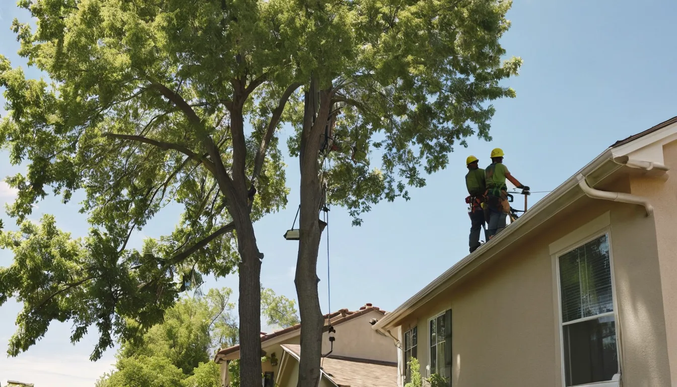 A tree service crew safely lowering a large tree beside a stucco home in Oceanside